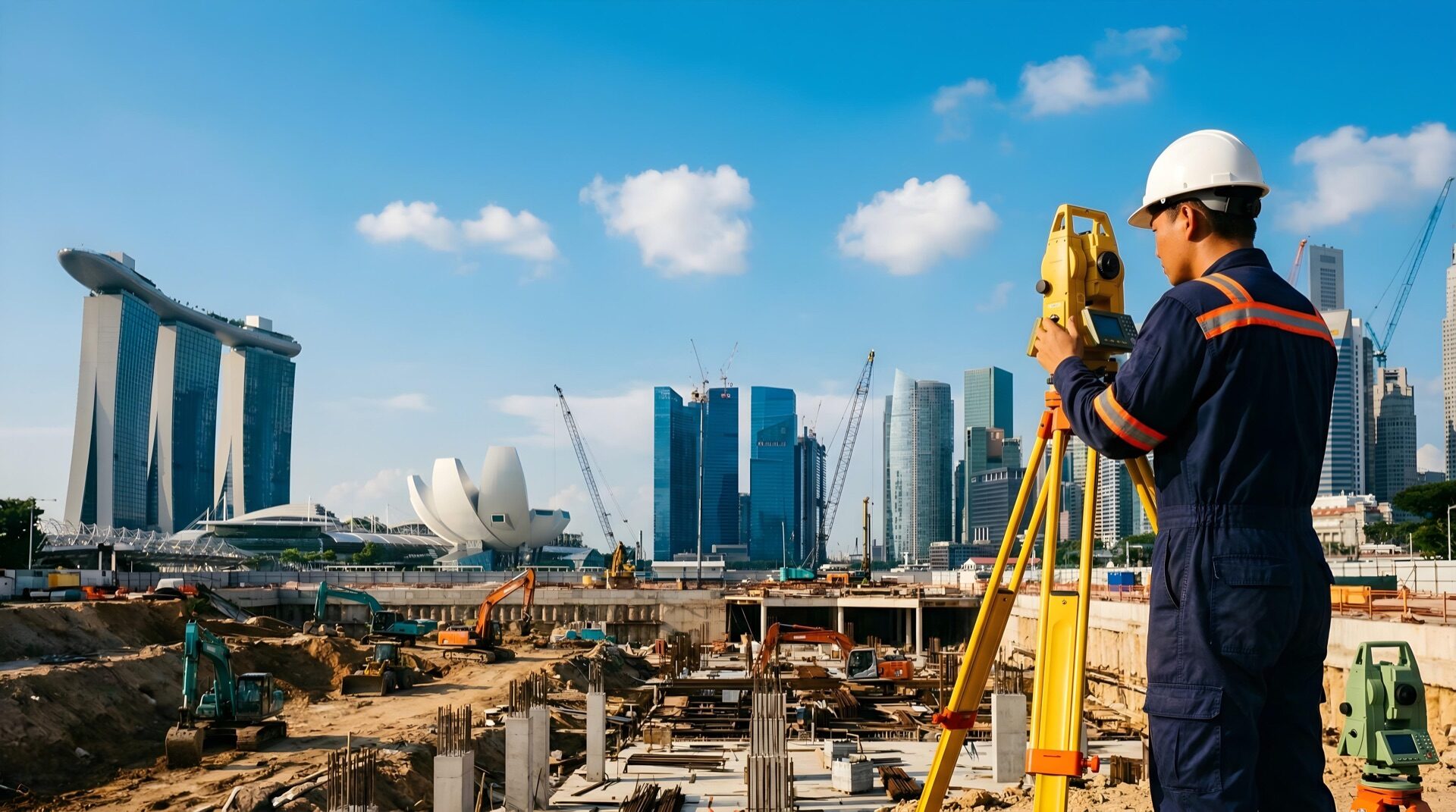 Land surveyor with GPS equipment at Singapore construction site