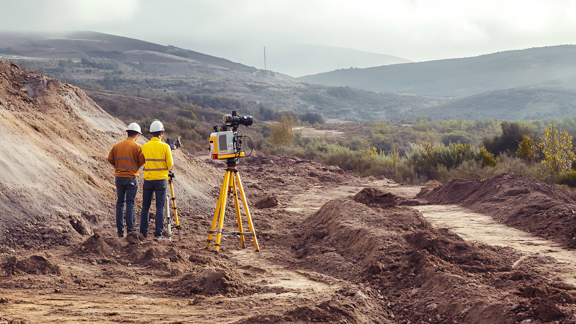 Survey team capturing topographical terrain data with total station on rugged site